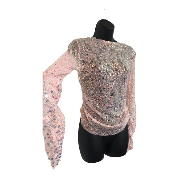 Sans Souci Pink‎ Sequin sheer mesh iridescent shirred side and sleeve top size M - Picture 1 of 11